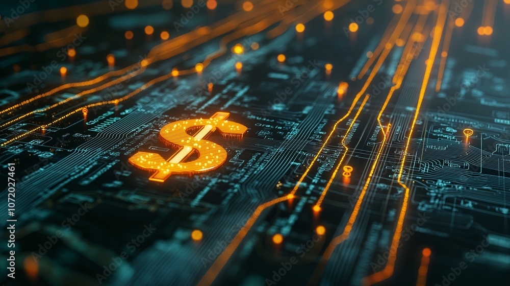 Poster artistic representation of a road map with a digital theme featuring a money symbol illuminated in o