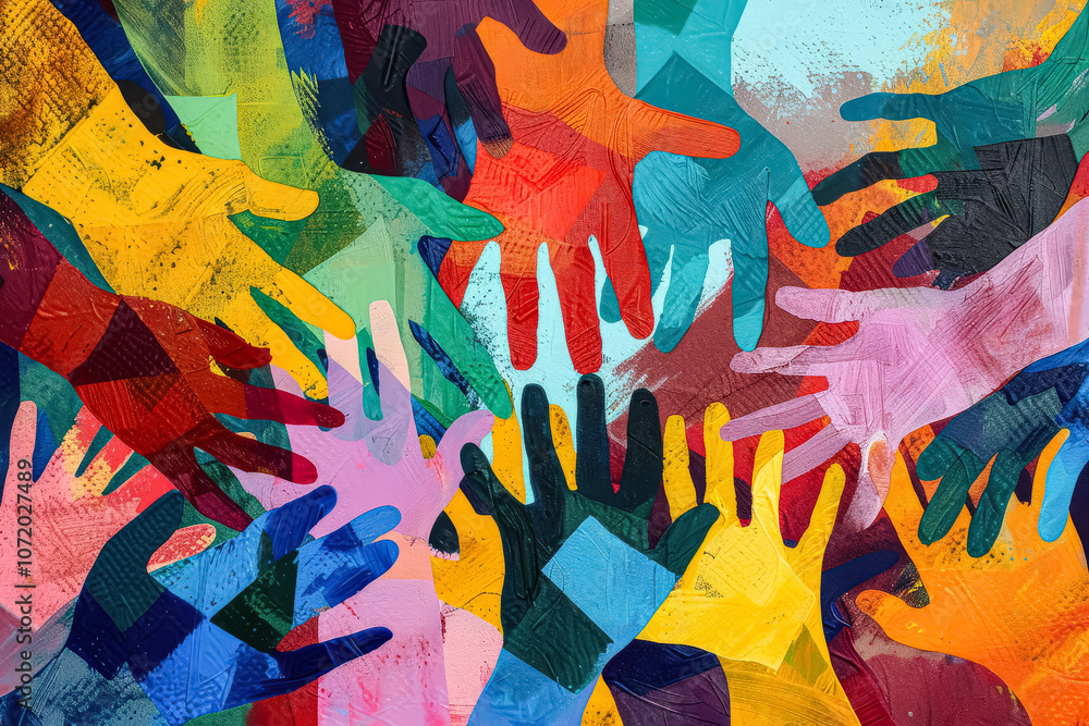 Poster painting of many hands in various colors and sizes. the painting is a representation of unity and di