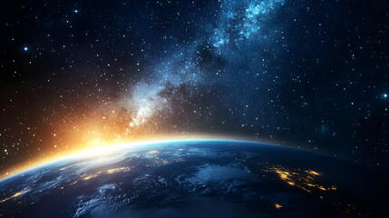 Obraz premium A Stunning View of Earth with a Starry Night Sky and the Milky Way Galaxy Above