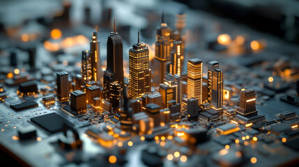 futuristic city skyline glowing with neon lights, set against a circuit board, symbolizing the integration of technology, software, and digital innovation in the modern world