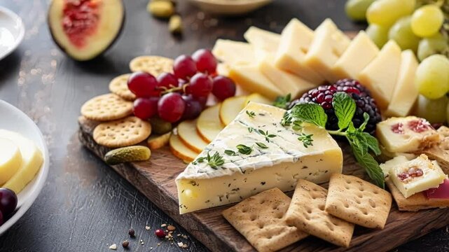 Assortment of gourmet cheeses are accompanied by fresh fruit, herbs, and gourmet crackers on a rustic wooden cheese board