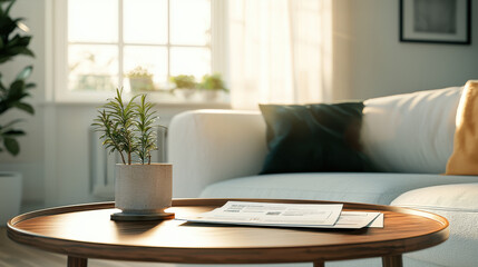 Fototapeta premium modern living room featuring cozy sofa, wooden coffee table, and potted plant. Natural light streams through window, creating warm and inviting atmosphere