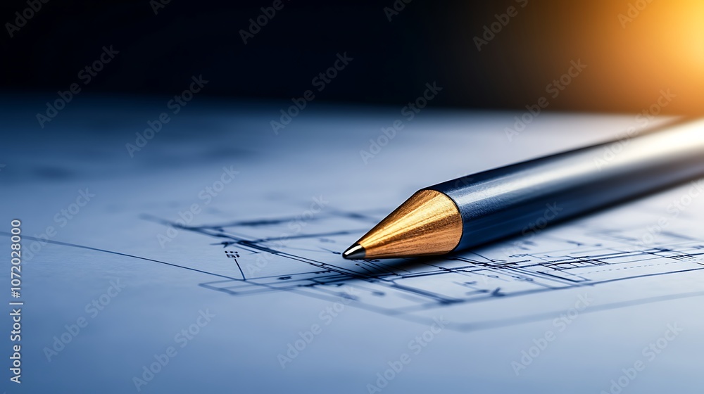 Poster a close-up of a elegant pen resting on a blueprint, highlighting the intersection of craftsmanship a