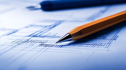 A close-up view of a pencil resting on a blueprint, showcasing detailed architectural designs.