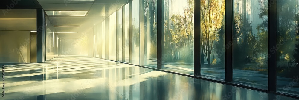 Poster sunlight streams through large windows illuminating a long, empty hallway.
