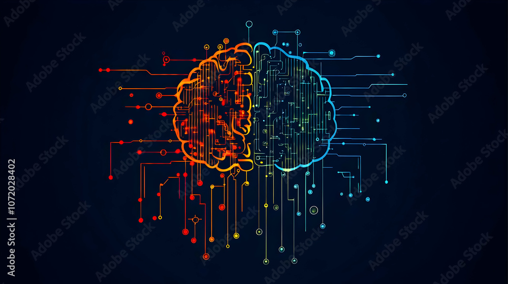 Poster abstract digital brain illustration with circuitry and colorful lines on a dark background