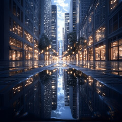 Obraz premium Silent financial district with empty streets and low-lit buildings, soft pastel color palette reflecting subdued global economic activity, realistic style.
