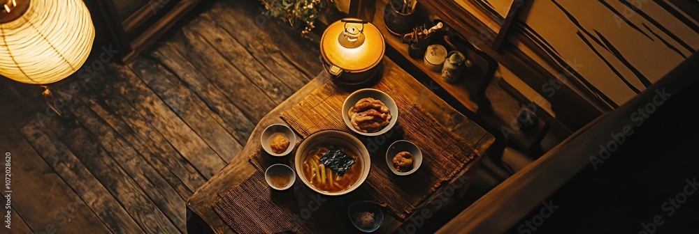 Poster overhead view of a rustic table with food and a lamp.