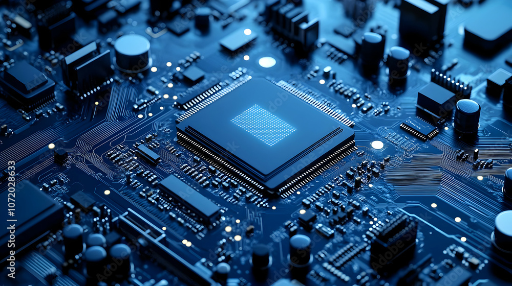 Aufkleber a close-up view of a blue circuit board with a glowing microchip in the center
