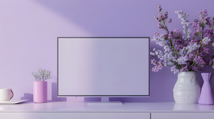 Minimalist purple workspace with monitor, flowers, and modern decor for a calm aesthetic