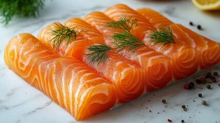 Delicious Smoked Salmon Slices with Fresh Dill Garnish – Gourmet Seafood Presentation on White Background for Culinary and Food Photography