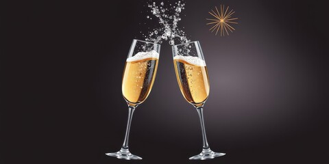 Realistic illustration of champagne glass with sparkling bubbles, champagne, cheers, wedding