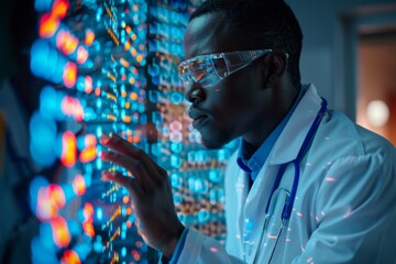 Focused African doctor wearing protective glasses and lab coat analyzing vibrant genetic data on transparent, integration cutting-edge digital technology in modern patient diagnostics, healthcare.