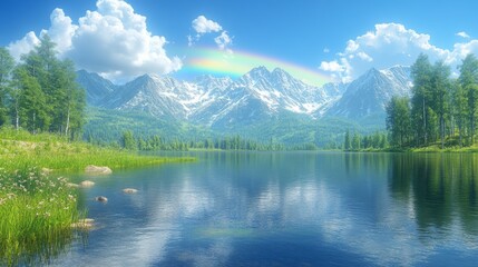 Fototapeta premium Majestic Mountain Lake with Rainbow