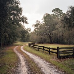 Fototapeta premium Rural Dirt Road with Fence and Trees.