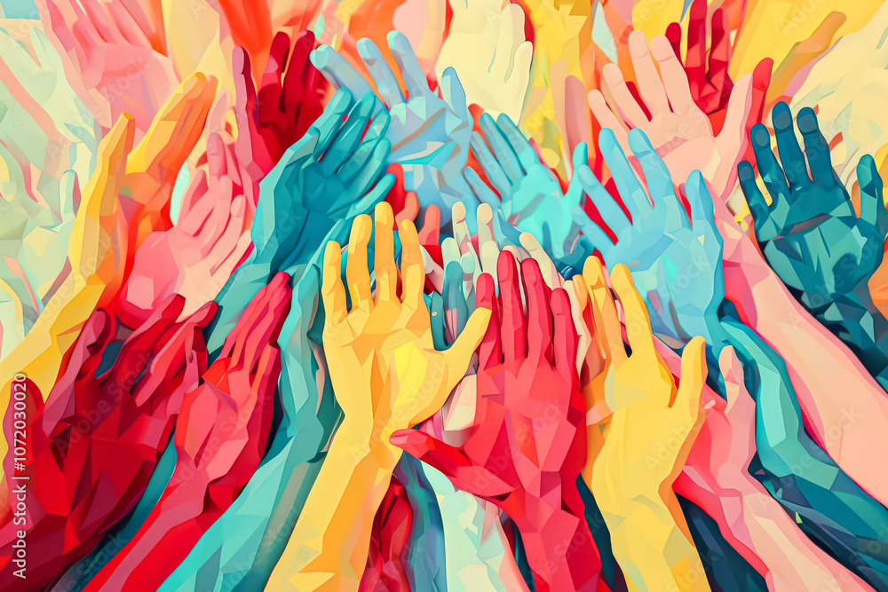 Aufkleber painting of many hands in various colors and sizes. the painting is a representation of unity and di