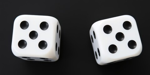 Top view of two white dices with black dots on each face, gambling, white dices, two