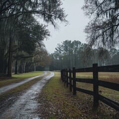 Fototapeta premium Rural Road Through Trees With Wooden Fence.
