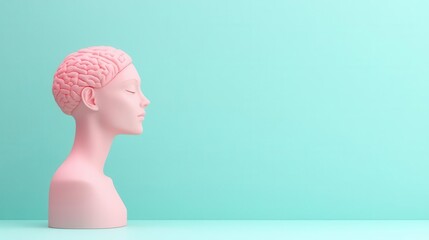 A minimalist, side-profile sculpture of a pink head against a soft turquoise background, representing creativity and thought.