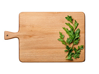 a wooden cutting board with a green leafy branch