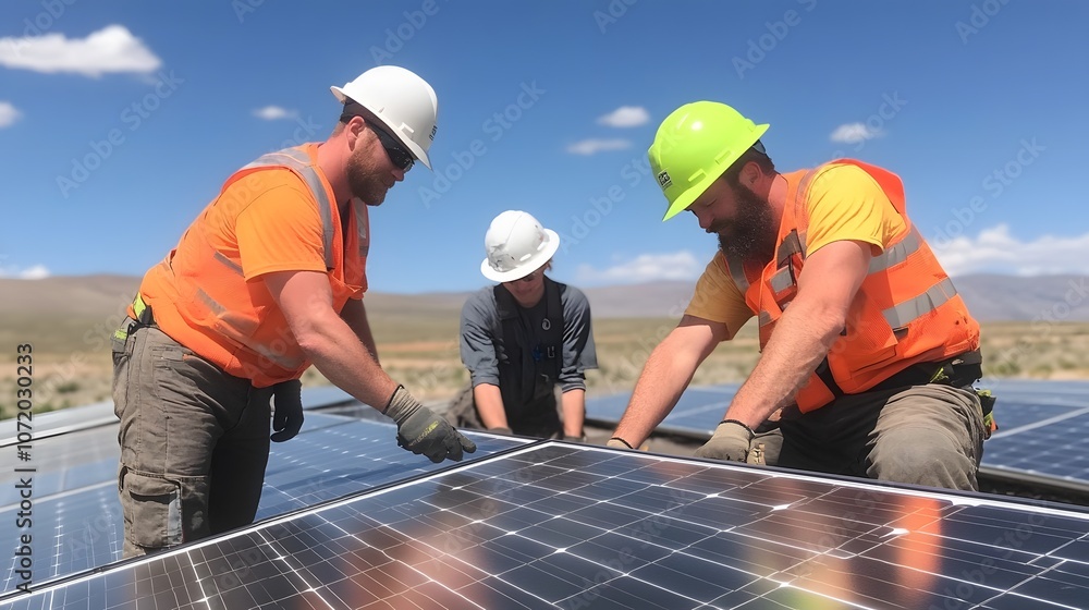 Poster a group of technicians or construction workers installing or maintaining solar panels on a solar ene