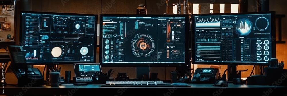Aufkleber three computer monitors display data and information on a desk in a dimly lit room.
