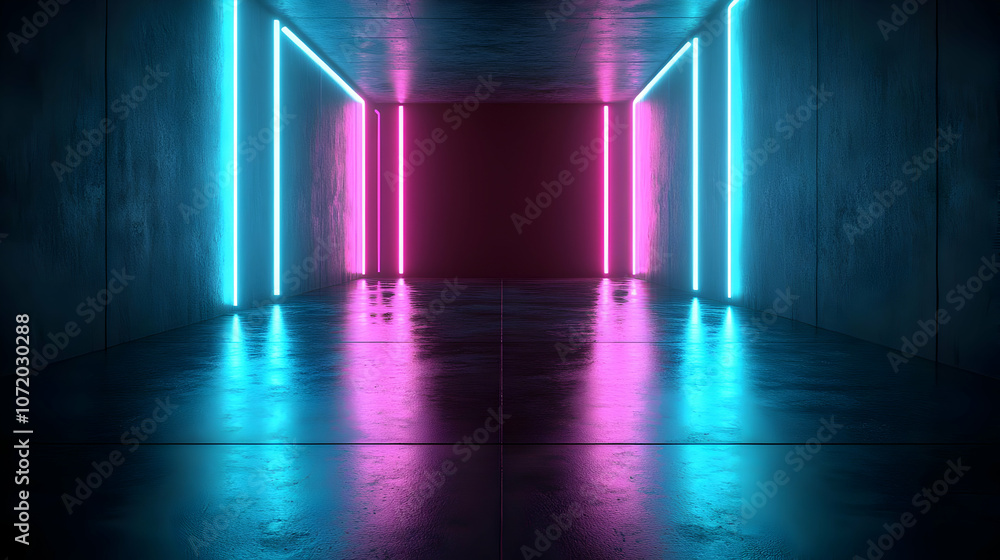 Poster 3d rendering of a futuristic concrete corridor with glowing neon lights reflecting on the wet floor