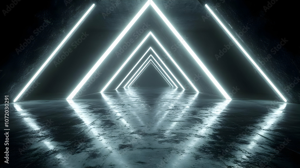 Poster a 3d render of a dark and grungy tunnel with bright neon triangles illuminated by glowing lights and