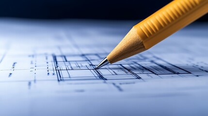 A close-up view of a pencil sketching architectural blueprints, showcasing precision and design in drafting.