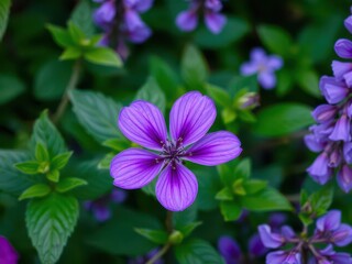 Vibrant purple flower petals and delicate leaves in a lush garden setting, beautiful, botanical, fragrant