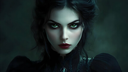 A Portrait of a Woman with Dark Hair and Green Eyes, Wearing a Black Lace Dress, Against a Dark Green Background