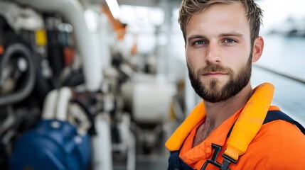Fototapeta premium Bearded male worker in orange safety vest standing near heavy machinery in industrial workplace Portrait of a skilled professional technician mechanic or engineer in a factory