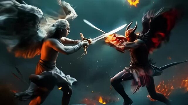 Epic battle scene between an angel and a demon. The angel, with radiant white wings, faces the horned demon wielding a flaming sword. Fiery background accentuates the intense, celestial clash.