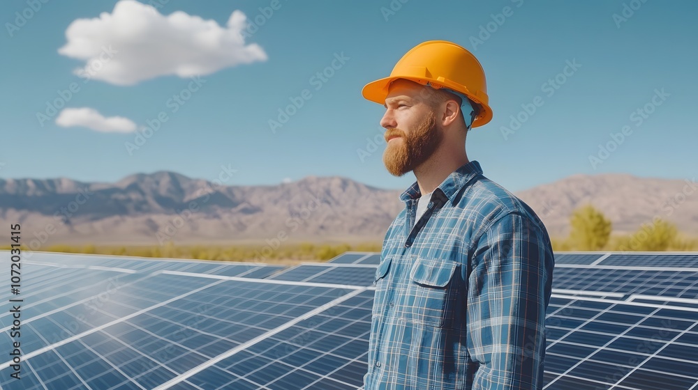 Poster portrait of a man wearing a hard hat while working on installing or maintaining solar panels in an o