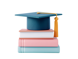 a graduation cap on top of books