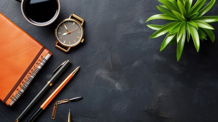 Naklejka premium Modern office flat lay featuring golden watch, orange leather notebook, pens, complemented by a small green plant cup of coffee, exudes a blend of professionalism and creativity.