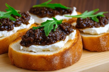 Perfect Bruschetta with Tapenade, Cream Cheese, and Arugula