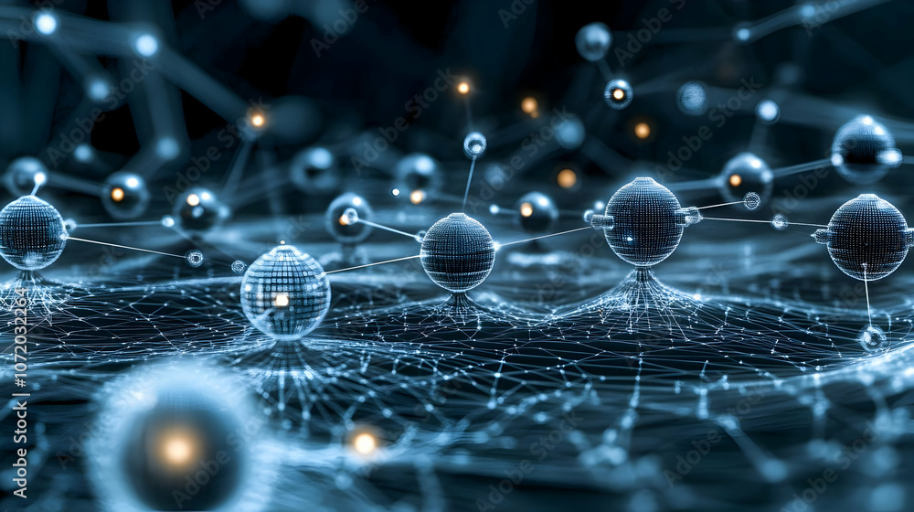 Poster abstract 3d digital network illustration with glowing spheres connected by lines on a dark backgroun