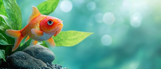 A goldfish swimming in an aquarium with green leaves