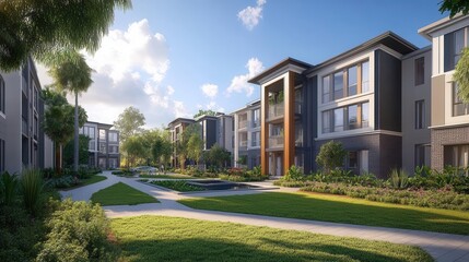 A modern residential complex featuring lush greenery, walkways, and contemporary architecture under a bright, sunny sky.