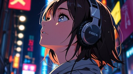 Naklejka premium Serene anime girl with headphones standing in a bustling city square wallpaper