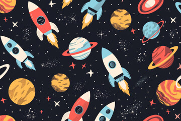 A colorful space scene with many rockets and planets