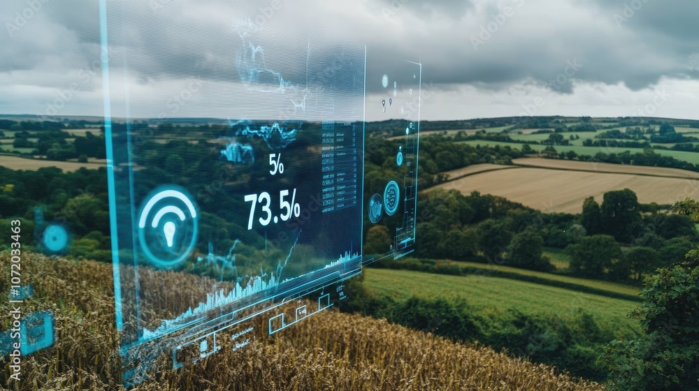 Poster a digital screen with data and a wifi symbol displays over a field in a rural landscape, representin