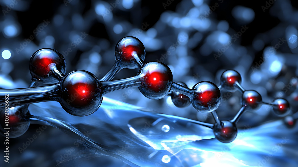Poster 3d render of a molecular structure with red and blue hues, a closeup view of interconnected atoms an