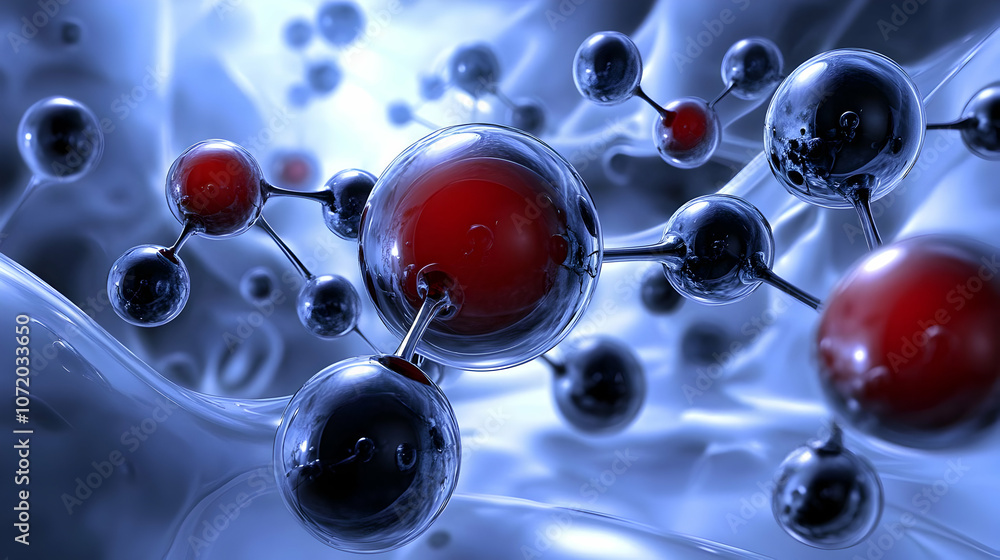 Poster 3d render of a molecular structure with red and blue spheres connected by thin lines against a white