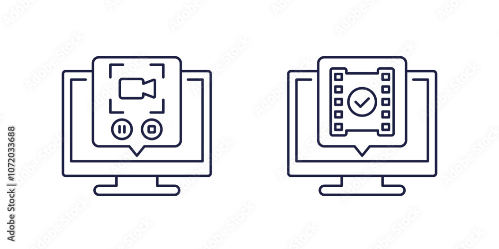 Poster screen recording in computer line icons on white