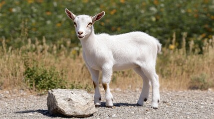 Fototapeta premium A baby goat stands in front of a rock