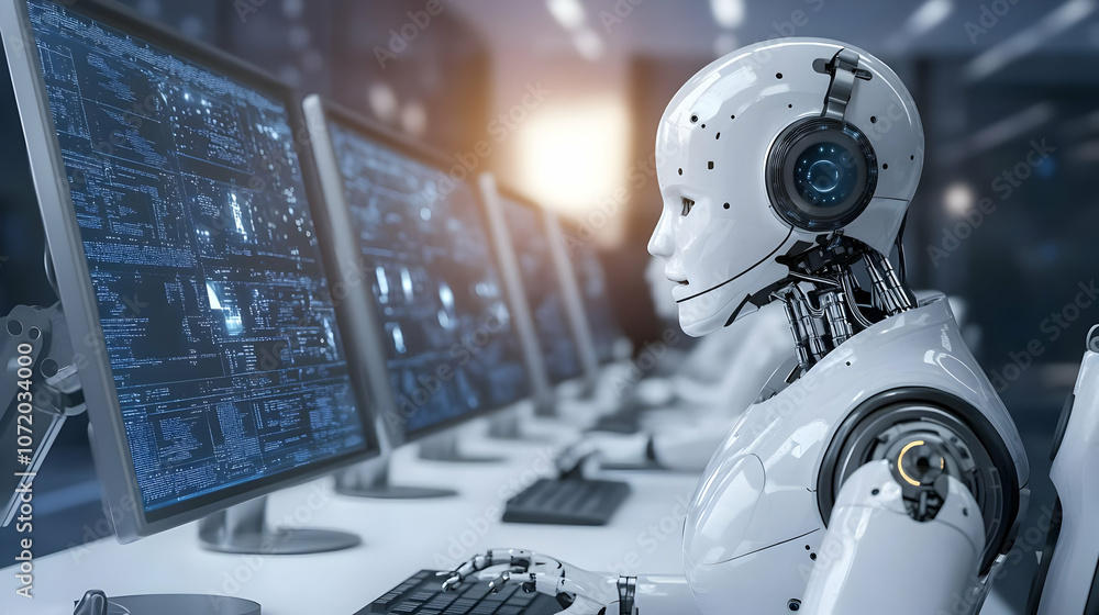 Poster a white robot with a headset works at a computer, surrounded by other robots in a futuristic office 
