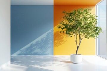 Obraz premium A modern interior featuring a green plant against a split-colored wall of blue and orange, illuminated by light streaming through large windows.
