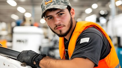 Fototapeta premium Portrait of a male construction worker wearing an orange safety vest and hardhat standing in front of machinery and tools at a busy construction site focused on his job duties